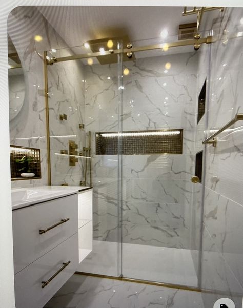 Gold Shower Door, Shower Partition, Shower Cabinets, Shower Sliding Glass Door, Washroom Decor, Frameless Shower Enclosures, Bathroom Decor Luxury, Shower Enclosures, Shower Cabin