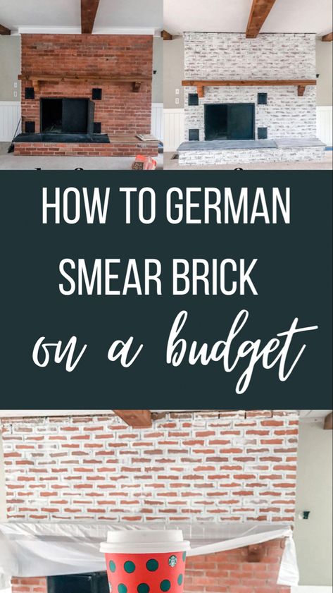 Diy German schmear brick fireplace German Shmere Brick House, Minimal Farmhouse Decor, Brick Exterior Colors Schemes, German Smear Technique, German Smear Brick, German Schmear, German Smear, Red Brick Fireplaces, Budget Farmhouse