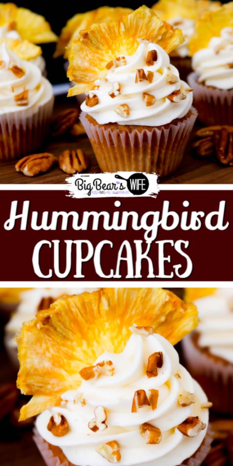 Hummingbird Cupcakes -All the classic flavors of a hummingbird cake, no fork or plate required! These Hummingbird Cupcakes are made with a classic southern hummingbird cake batter and frosted with a homemade cream cheese frosting. They’re also topped with dried pineapple flowers and chopped pecans. Perfect for wedding showers, church dinners or summer brunches. Hummingbird Cupcakes Southern Living, Hummingbird Cake Cupcakes, Hummingbird Cupcakes Recipe, Specialty Cupcake Flavors, Southern Cupcakes, Hummingbird Cakes, Dried Pineapple Flowers, Pineapple Decorations, Hummingbird Cupcakes