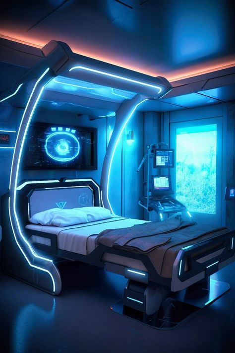 Cyberpunk Smart Sleep Laboratory Optimize Your Rest Scifi Bedroom, Sci Fi Rooms, Scifi Room, Cyberpunk Room, Futuristic Bedroom, Scifi Interior, Futuristic House, Laboratory Design, Spaceship Interior