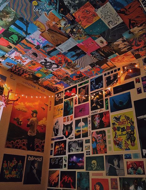 wall art, posters, indie, aesthetic, trippy, room inspo Trippy Shed Ideas, Trippy Interior, Trippy Maximalist Decor, Trippy Apartment Aesthetic, Room Ideas Trippy, Trippy Aesthetic Room, Trippy Living Room, Trippy Wall Mural, Trippy Room Ideas