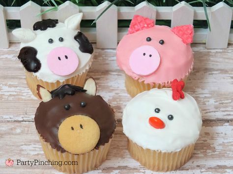 farm barnyard animal cupcakes, cow cupcake, pig cupcake, chicken rooster cupcake, horse cupcake, cute food, fun food for kids, sweet treats, farm theme party ideas, animal cupcakes, easy and furn cupcakes kids can make, no bake cupcakes, grocery store cupcakes Cow Cupcakes Ideas, Cow Desserts, Cupcake Chicken, Barnyard Cupcakes, Chicken Cupcakes, Hamburger Cupcakes, Cow Cupcakes, Farmyard Party, Barn Cake