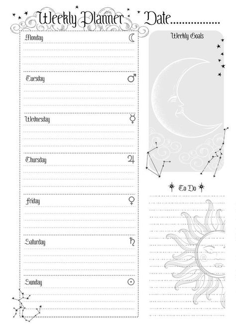 Witchy Weekly Planner, Moon Planner Printable, Witch Planner Pages, Planner Book Design, Journal Designs Printable, Witch Printables, Bullet Journal Calendrier, Moon Planner, Witch Planner