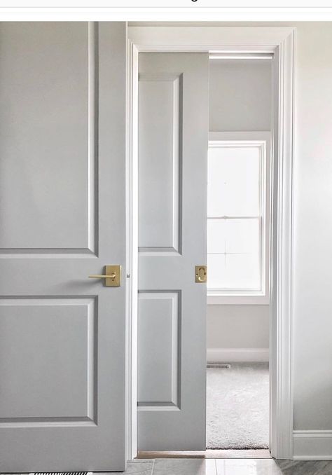 Light grey doors with gold handles White Interior Doors With Gold Hardware, White Doors With Gold Handle, Light Gray Doors Interior, White Door With Gold Handle, Light Grey Doors Interior, Interior Door Grey, Grey Painted Internal Doors, Dark Gray Interior Doors, Light Grey Doors