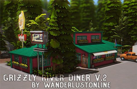 Grizzly River Diner 🐻🏞️ - Restaurant | WanderlustOnline on Patreon Dine Out Sims 4 Cc, Sims 4 Diner Cc, Ts4 Restaurant, Sims 4 Diner, Sims 4 Restaurant Build, Sims 4 Restaurant Cc, Minecraft Hus, Sims4 Accessories, Ts4 Builds