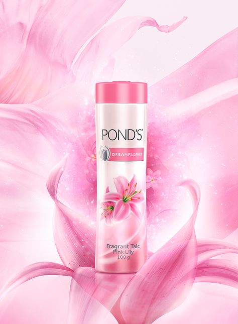 Ponds Dreamflower on Behance Beauty Products Ads Design, Talcum Powder Photography, Cosmetics Poster Design Ideas, Beauty Soap Creative Ads, Feminine Wash Packaging Design, Talcum Powder Packaging, Even Tone Skin, Socmed Design, Skin Care Products Ads Design