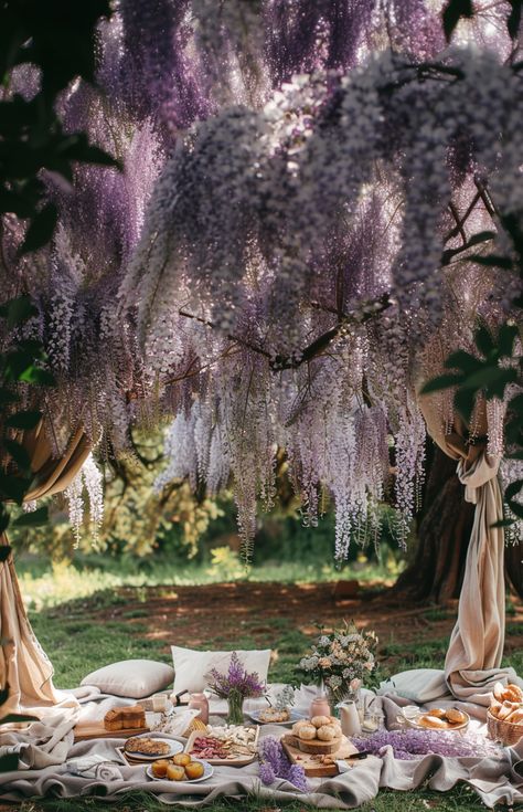 Enchanting Garden Picnic under Cascading Wisteria: Inspiration for Your Next Outdoor gathering! Wisteria Adalyn Grace, Ethereal Picnic, Garden Picnic Aesthetic, Fairy Garden Picnic, Waterfall Picnic, Fairytale Picnic, Fairy Picnic, Chinese Wisteria, Picnic Setup