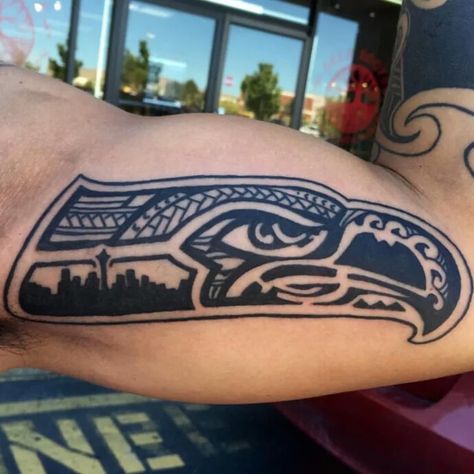 Seattle SeaHawks Seattle Seahawks Tattoo Ideas, Seahawks Tattoo Ideas, Seattle Seahawks Tattoo, Seahawks Tattoo, Seattle Skyline Tattoo, Seattle Tattoo, Skyline Tattoo, Inner Arm Tattoo, Geometric Tattoo Arm