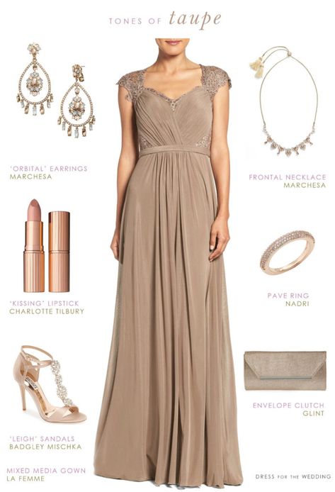 Taupe Evening Gown for Mother-of-the-Bride or Mother-of-the-Groom dress Principal Sponsor Dress For Wedding, Taupe Gown, Wedding Teal, Taupe Bridesmaid, Dress For Wedding Guest, Taupe Wedding, Neon Prom Dresses, Taupe Bridesmaid Dresses, Mothers Gowns