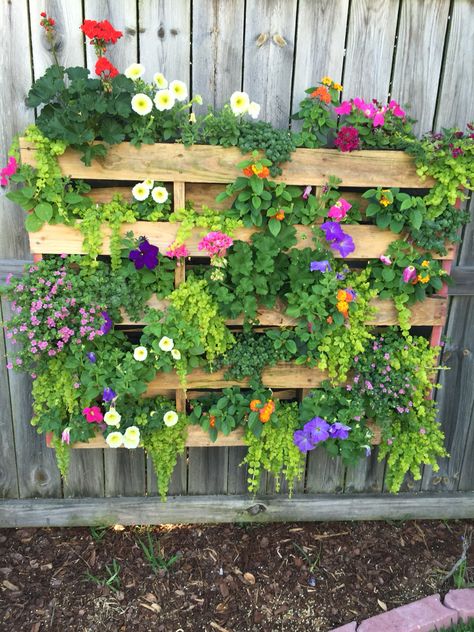 Pallet Uses In Garden, Flower Pallet Ideas, Pallet Garden Planter, Wooden Pallet Garden Ideas, Pallet Wall Planter, Skid Planters, Pallet Planters Ideas, Landscaping With Pallets, Pallet Planter Wall