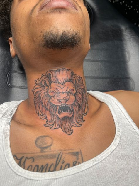 Lion Tattoo On Neck For Men, Lion Tattoo On Neck, Lion Throat Tattoo, Trap Tattoos Men Neck, Front Neck Tattoos For Men Black, Neck Tats Men, Boy Neck Tattoos, Neck Tattoo For Guys Black Men, Neck Tats For Men