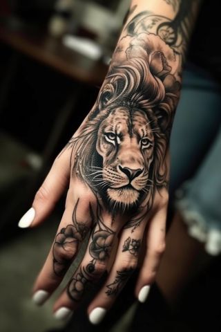 Lion Tattoo For Women On Hand, Lion Tattoo Hand Woman, Hand Tattoos For Women Lion, Lion Tattoo For Women Sleeve, Lion Hand Tattoo For Women, Lion Sleeve Tattoo Woman, Female Lion Tattoo For Women, Tattoo Lion Women, Female Lion Tattoo