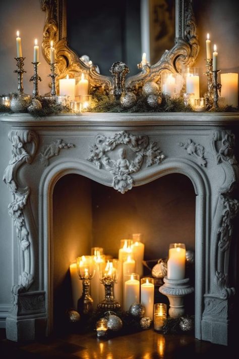 Fireplace Decorating With Candles Mantel Pillar Candles Pillar Candles Fireplace, Candle Holders Decor Ideas, Decorating With Candles, French Fireplace Mantel, Mantle Candles, Fireplace Styling, Fireplace Decorating, Chateaux Interiors, Fake Fireplace