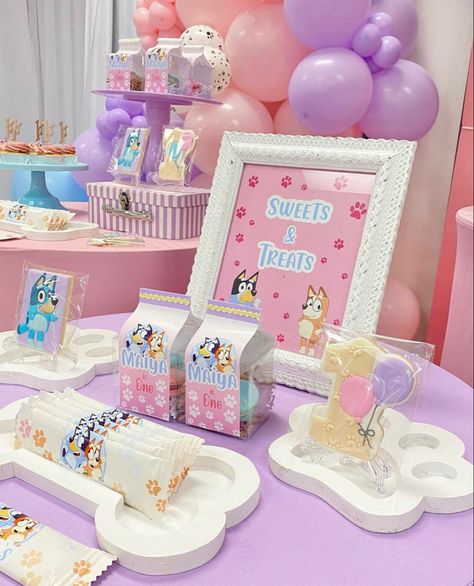 Bluey Party Dessert Table, Bluey Treat Table, Pastel Bluey Party, Bluey Birthday Party Girly, Bluey Birthday Girly Decor, Bluey Party Decorations Girl, Bluey Dessert Table Ideas, Pink Bluey Birthday Party, Bluey Birthday Party Ideas Pink