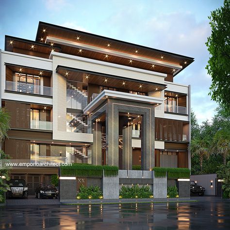 "1816th Design" . This house design is owned by our client in Jakarta. Appearing magnificent with a monumental building form is the attraction of this house. The sparkle of classy materials on the exterior also beautifies the facade. Unlike the glamorous exterior, the interior shows the comfort of a modern minimalist concept. . The 8th design of July, 190th design of year 2023, 1816th design overall Our Portfolio : Mr. RNR 1816 Modern House 4 Floors Design - Jakarta . Land Area : width 24 m ... Modern 3 Story House Exterior, 3 Storey House Design Modern Floor Plans, 4 Storey House Design, 4 Floor Building Elevation, 3 Storey House Design Modern, Classic Tropical House, 4 Story House, Modern Tropical House Design, Architect Instagram