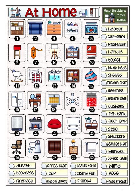 VOCABULARY - AT HOME - English ESL Worksheets for distance learning and physical classrooms Vocabulary Exercises, Kindergarten Learning Activities, Kindergarten Learning, Vocabulary Building, Vocabulary Worksheets, Grammar And Vocabulary, Esl Teaching, Speaking Skills, Teaching Jobs