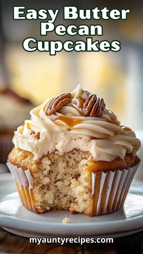 Whip up these easy butter pecan cupcakes with gooey caramel in no time! Perfect for beginners, this recipe features a simple method and delicious results. Treat yourself and your loved ones to these delightful cupcakes today! Easy Pretty Cupcakes, Decadent Cupcakes Recipes, Gourmet Cupcake Ideas, Easy Homemade Cupcakes, Crown Royal Cupcakes, Cupcake Combinations, Gourmet Cupcakes Flavors, Pecan Cupcakes Recipe, Caramel Cupcakes Recipe