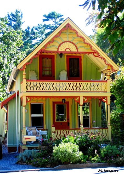 Seagull Cottage, c. 1885, Fair Avenue Colorful Cottage Exterior, Maximalist House Exterior, Colorful Cabin, 70s House Exterior, Victorian Farmhouse Decor, Grimsby Ontario, Cottage Exterior Colors, Painted Lady House, Carpenter Gothic