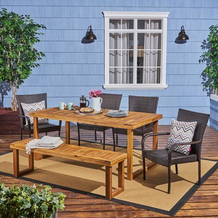 Zoe Outdoor 6 Piece Acacia Wood Dining Set with Bench and Wicker Stackable Chairs, Sandblast Natural Stained, Multi Brown Bench Dining Set, Dining Table And Bench, Wicker Patio Chairs, Bench Dining, Wicker Dining Set, Dining Set With Bench, Wicker Table, 4 Dining Chairs, Beige Cushions