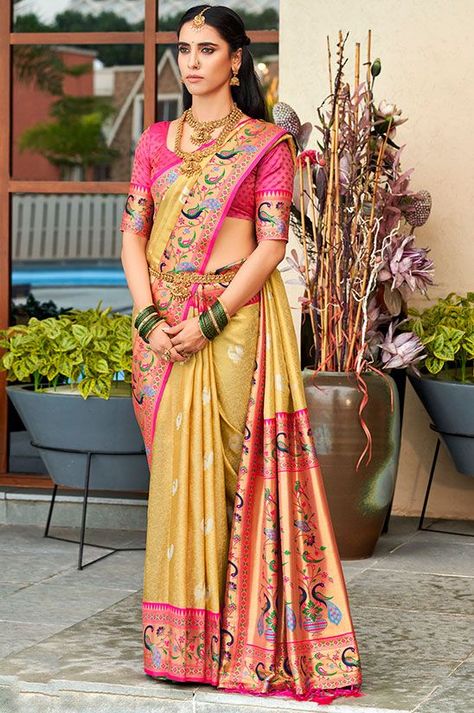 Beige Paithani Silk Woven Saree Yellow Paithani Saree, Yellow Paithani, Silk Saree Designs, Raw Silk Saree, Paithani Saree, Yellow Saree, Silk Saree Blouse, Kanjivaram Sarees, Sarees Collection