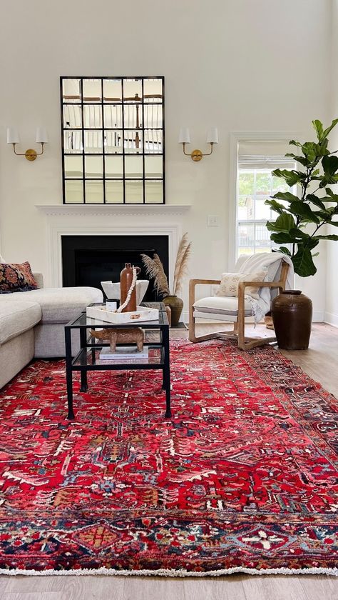 Red Rug White Couch, Persian Rug Interior Design, Turkish Carpet Living Room Modern, Living Room With Red Carpet, Red Carpet Home Decor, Red Rugs In Living Room, Red Turkish Rug Living Room, Persian Carpet Aesthetic, Red Carpet Living Room Ideas