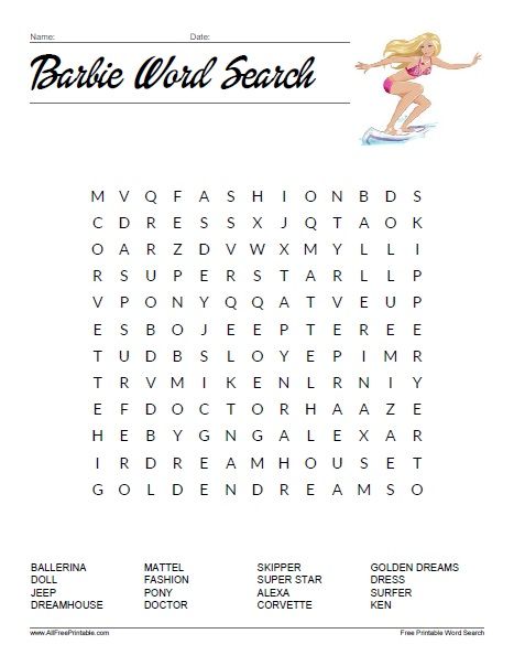 Barbie Word Search Barbie Arts And Crafts, Barbie Learning Activities, Barbie Theme Activities, Barbie Theme Games, Barbie Worksheets, Barbie Themed Crafts, Barbie Printouts, Barbie Activities Free Printable, Barbie Activities For Kids