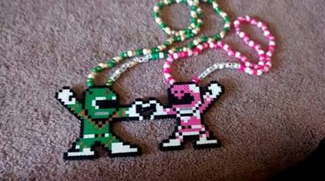 Power Ranger Heart Matching Couple Perler Charm Kandi Necklaces Perler Bead Patterns For Couples, Perler Bead Matching, Couples Perler Beads, Couple Perler Beads, Rave Beads, Kandi Necklaces, Perler Necklaces, Rave Inspiration, Rave Perler