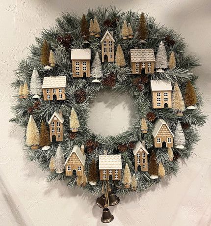 Creative Christmas Wreaths - Kelly Elko Christmas Village Wreath, Glitter Pinecones, Village Wreath, House Wreath, Wreath Greenery, Ball Wreath, Brush Trees, Wood House, Wooden Houses