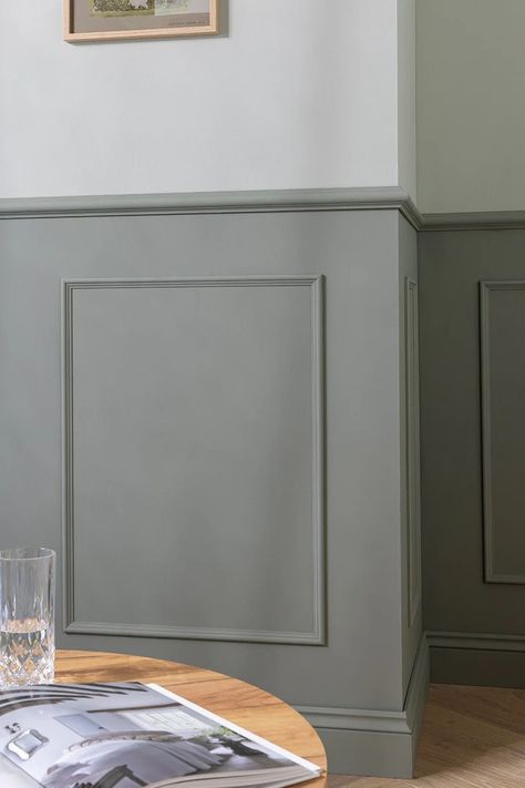 Shaker Panelling | Shaker Wall Panelling | Naturewall Dining Room Brick Accent Wall, Sage Green Half Panelling, Dado Wall Panelling, Panelled Walls Lounge, Bedroom Wood Panel Wall, Front Room Accent Wall, Wall Paneling Staircase, Front Room Panelling, Accent Wall Colours