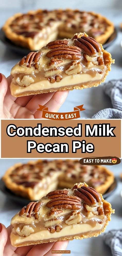 If you're searching for a dessert that perfectly balances sweet and nutty flavors with a rich, creamy texture, look no further than this Condensed Milk Pecan Pie. This elevated take on a classic pecan pie uses sweetened condensed milk to create a luscious, custard-like filling that pairs beautifully with crunchy pecans and a flaky crust. It’s the ultimate dessert for holidays, family gatherings, or any time you crave something decadent. Pies With Condensed Milk, Orange Pecan Pie, Pecan Pie Without Pecans, Pecan Pie With Condensed Milk Recipe, Pecan Pie With Sweetened Condensed Milk, Pecan Pie In A Mug, Easy Pecan Dessert Recipes, Easy Sweetened Condensed Milk Desserts, Condensed Milk Pecan Pie