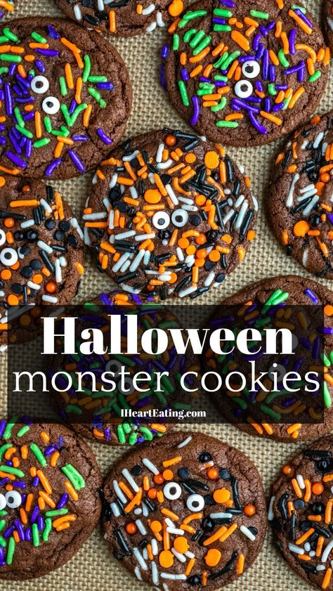 Halloween Monster Cookies are soft chocolate sprinkle cookies that make a great Halloween dessert and are ready in just 20 minutes! Chocolate Sprinkle Cookies, Halloween Monster Cookies, Halloween Chocolate Chip Cookies, Monster Cookies Halloween, Easy Halloween Cookies Recipes, Halloween Sugar Cookies Decorated, Monster Cookies Recipe, Halloween Cookie Recipes, Halloween Cookies Decorated