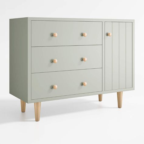 Finn Kids Wide Sage Green Dresser + Reviews | Crate & Kids Sage Dresser, Sage Green Dresser, Nursery Sage Green, Kids Dresser, Changing Table Topper, Bed Rails For Toddlers, Scandinavian Farmhouse, Baby Cribs Convertible, Bookcase With Drawers