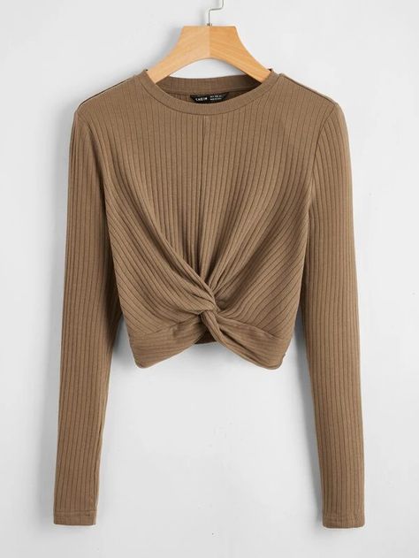 Twist Front Crop Top | SHEIN USA Crop Tops 2023 Trend, Brown Clothes, Twist Front Crop Top, Front Crop Top, Top Shein, Pinterest Outfits, Long Crop Top, Winter Tops, Women T Shirts