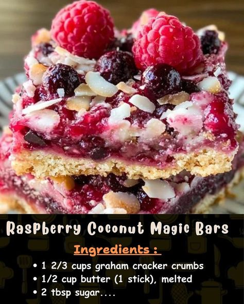 Ingredients: 1 2/3 cups graham cracker crumbs 1/2 cup butter (1 stick), melted 2 tbsp sugar Coconut Magic Bars, Magic Cookie Bars, Magic Bars, Raspberry Coconut, Christmas Cookie Recipes, Graham Cracker Crust, Graham Cracker Crumbs, Graham Cracker, Cookies Recipes Christmas