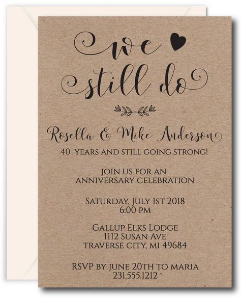 We Still Do Anniversary Invitations featuring calligraphy and rustic kraft cardstock. Choose a background color to personalize and make it your own. 5 Year Wedding Renewal Ideas, We Still Do, 30th Anniversary Party Ideas, Vow Renewal Ideas, 50th Wedding Anniversary Decorations, 30th Anniversary Parties, Wedding Vow Renewal Ceremony, 25th Wedding Anniversary Party, 50th Anniversary Invitations