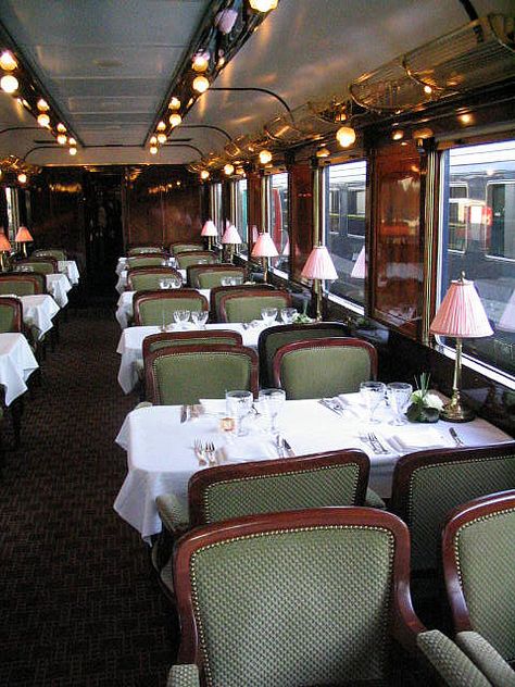 Dining car. Not many travel by train in the U.S. these days and that is too bad. I have fond memories of taking a train with my mother and brother to Washington D.C. several times when I was young. Simplon Orient Express, Luxury Train, Old Trains, Orient Express, Train Journey, The Windy City, Vintage Train, Train Car, All Aboard