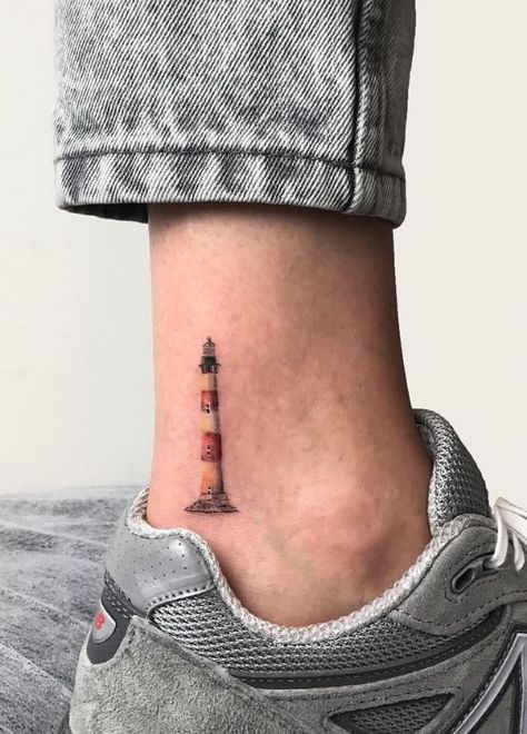 Lighthouse Tattoos, Ankle Tattoo For Girl, Tato Minimal, Tiny Wrist Tattoos, Uv Tattoo, Lighthouse Tattoo, Light Tattoo, Anklet Tattoos, 4 Tattoo