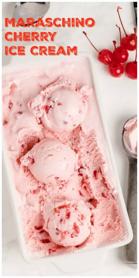 Maraschino Cherry Ice Cream is a deliciously creamy cherry ice cream and does not require making a custard. Just chill your ingredients before freezing in your ice cream maker and you will soon be enjoying your new favorite dessert. Cuisinart Ice Cream Maker Recipes, Cherry Ice Cream Recipe, Cherry Gelato, Kitchen Aid Ice Cream Recipes, Homemade Ice Cream Recipes Machine, Cheesecake Ice Cream Recipe, Kitchen Aid Ice Cream, Smores Ice Cream, Strawberry Cheesecake Ice Cream