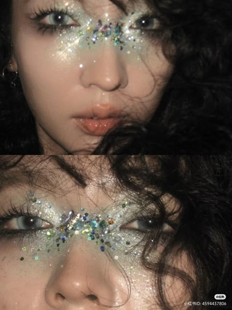 #makeupinspo #eyemakeup #birthdaymakeup #confetti Glittery Fairy Makeup, Messy Glitter Makeup, Glitter Under Eyes, Gems On Face, Chunky Glitter Makeup, Glitter Makeup Festival, Glitter Freckles, Makeup Mood Board, Siren Makeup