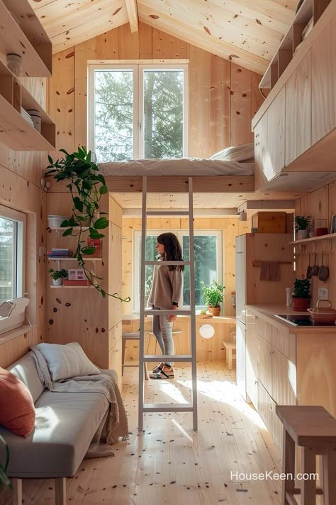 This streamlined design features all essential kitchen elements—cabinets, appliances, and workspace—aligned along a single wall. Tiny House Kitchen Storage, Adding Storage, Kitchen Elements, Small Tiny House, Tiny House Loft, Small Loft, Tiny House Inspiration, Tiny House Kitchen, Tiny House Interior