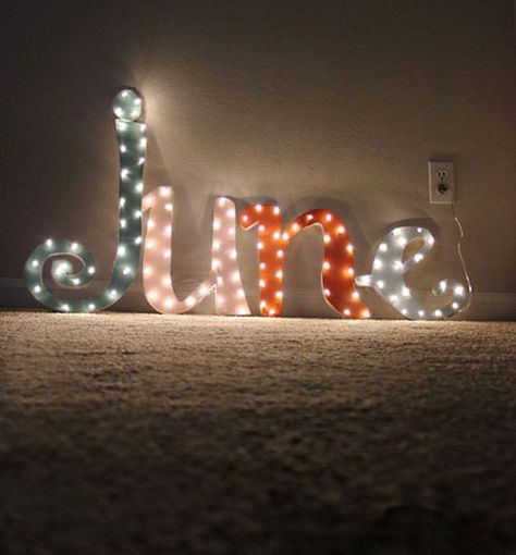 Image Source Diy Lighting Ideas, Diy Marquee Letters, Marquee Lights, Marquee Sign, Marquee Letters, Illuminated Letters, Kids Names, Holiday Signs, Outdoor Solar Lights