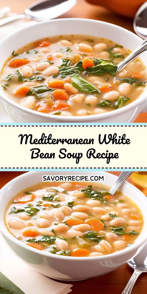 Want to impress your family with a delicious, nutritious soup? Our Mediterranean White Bean Soup is the perfect choice for your Mediterranean dinner ideas, combining rich flavors and health benefits. Save this recipe now for your next culinary adventure! Spinach Bean Soup Recipe, Soup Recipes White Bean, Easy White Bean Soup Recipes, Lentil White Bean Soup, White Minestrone Soup, Healthy Soup Ideas Clean Eating, White Bean Soup Recipes Vegetarian, Mediterranean Cabbage Soup, Mediterranean White Beans