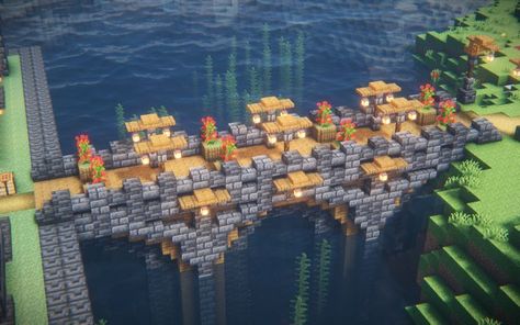 Minecraft Medieval Bridge Design, Minecraft Deep Slate Bridge, Minecraft Medieval Path Design, Stone Brick Bridge Minecraft, Giant Bridge Minecraft, Minecraft Bridge Mountain, Deepslate Minecraft Buildings, Minecraft Cliff Bridge, Pretty Minecraft Bridge