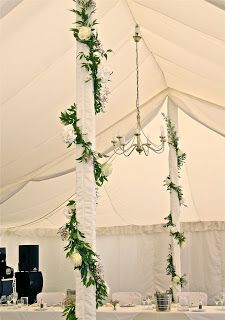 Vines Wrapping Around Pole, Wedding Reception Fairy Lights, Orangery Ideas, Marquee Flowers, Wedding Fairy Lights, Marquee Wedding Decoration, Marquee Wedding Reception, Wedding Flowers Bridesmaids, Oct Wedding