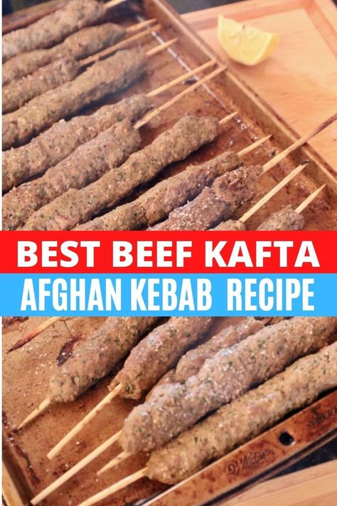 Looking to learn how to make one of the best authentic Afghan dishes? Kabob, Kafta, Kofta and Kefta is an ancient Arabic food featuring ground meat flavoured with fresh herbs and spices. Our easy traditional Beef Kebab recipe can be grilled or baked on skewers over a barbecue or in the oven and served with a healthy salad or Middle Eastern dips like hummus and tahini. If you're looking to serve Afghan food for a crowd, we've got you covered! Afghan Ground Beef Recipes, Lebanese Kefta Recipe, Baked Kafta Recipe, Beef Kafta In Oven, Beef Kafta Recipe, Beef Kebabs In The Oven, Ground Beef Kabobs In Oven, Ground Beef Kabob Recipes, Beef Skewers In Oven