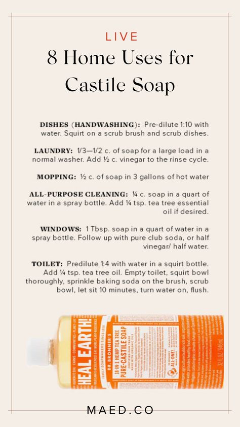 When it comes to reducing harmful toxins and chemicals in your home, castile soap is a great ingredient for natural cleaning products and DIY cleaning products. For everything from mopping your floors, creating a DIY all-purpose cleaner to a DIY laundry detergent, castile soap has many uses and benefits. Making Castile Soap, All Purpose Cleaner Diy, Uses For Castile Soap, Castle Soap, Homemade Floor Cleaner, Castile Soap Uses, Castile Soap Recipes, Homemade All Purpose Cleaner, Diy Floor Cleaner