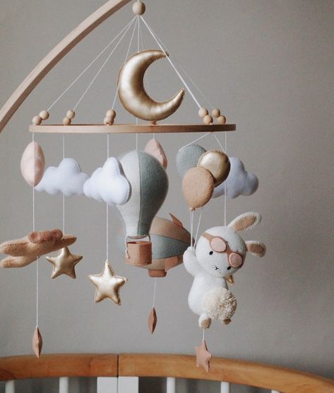 Felt Mobile Baby, Plane Nursery, Pilot Baby, Hanging Crib Mobile, Felt Baby Mobile, Hanging Crib, Moon Hanging, Handmade Mobile, Boy Mobile