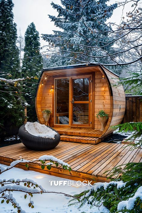 sauna with a ground deck in winter with snow on the lawn Build Your Own Outdoor Sauna, Deck Sauna Spa, Affordable Outdoor Sauna, Diy Outdoor Sauna Wood Burning, Freestanding Deck, Ground Level Deck, Outdoor Sauna Kits Superior Sauna & Steam, Patio Deck, How To Level Ground