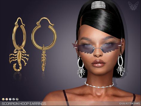 Sims 4 — Scorpion Hoop Earrings by feyona — * 5 swatches * Base game compatible, feminine style choice, disallowed for Sims 4 Mac, Scorpion Earrings, The Sims 4 Custom Content, Sims 4 Challenges, Lucite Bracelets, Sims 4 Downloads, Kids Earrings, Sims 4 Cc Finds, Sims 4 Cc