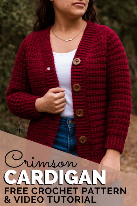 This cozy, versatile crochet cardigan is made in one piece!  Crochet your own Crimson Cardigan with this free, size-inclusive crochet cardigan pattern. #freecrochetpattern #crochetcardigan #yayforyarn #crochetsweater #sizeinclusive #plussizecrochet #easycrochetcardigan One Piece Crochet Cardigan, Crochet Cardigan Pattern Free Women, Cardigans Crochet, Crochet Cardigan Free, Crochet Cardigan Pattern Free, Crochet Cardigans, Crochet Cardigan Sweater, Crochet Sweater Pattern Free, Sweater Patterns